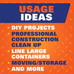 Informational orange panel titled "Usage Ideas" listing DIY projects, construction cleanup, lining large containers and more