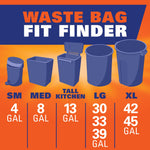 Orange infographic titled “Waste Bag Fit Finder” showing silhouettes of bins with gallon sizes including 4-gal for small.