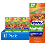 Pack of Hefty XL sandwich bag boxes arranged as a 12-pack display with bold 12 Pack label