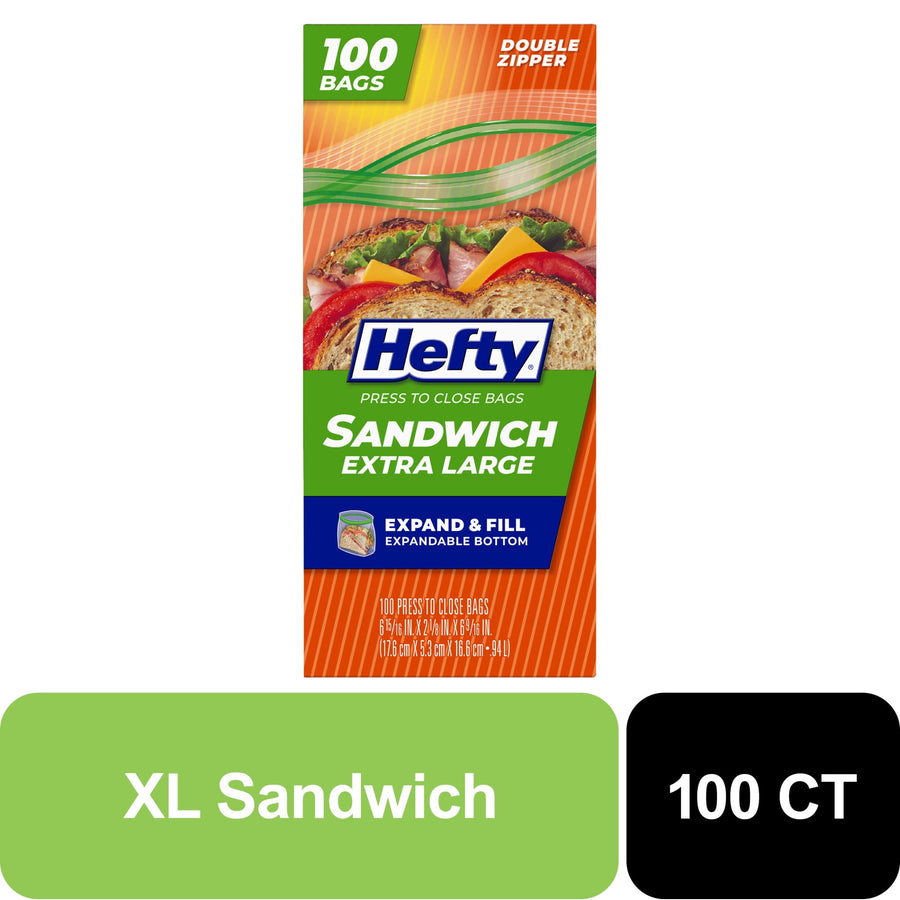 Hefty XL sandwich press-to-close bag box with green label and sandwich graphic on orange background