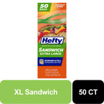Tall product panel showing Hefty XL sandwich press-to-close bag packaging with expand & fill callout