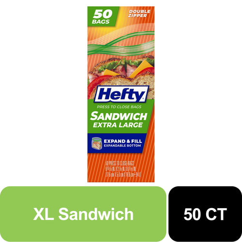 Tall product panel showing Hefty XL sandwich press-to-close bag packaging with expand & fill callout