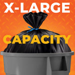 Graphic of a tied black garbage bag sitting in a large gray container with large "X-LARGE CAPACITY" text