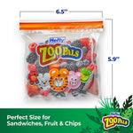 Clear Hefty Zoo Pals zipper bag filled with berries, dimensions 6.5" by 5.9" shown