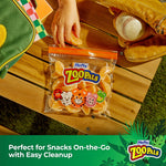 Hefty Zoo Pals sandwich bag on a wooden table filled with orange segments and a baseball nearby