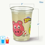 Clear 10 oz plastic cup with colorful Zoo Pals animal graphics and dimension callouts showing 3" top and 4" height.