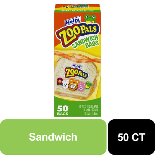 Tall product box of Hefty Zoo Pals sandwich bags with colorful animal stickers and 50 bags callout