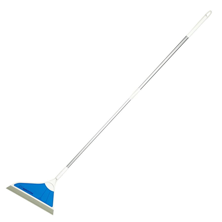 Full-length telescoping handle with a blue triangular silicone broom head and gray squeegee edge on white background