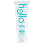 Close-up front view of Hello antiplaque + whitening toothpaste tube showing logo and ‘crushes tartar’ badge.
