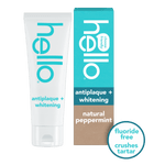 Hello antiplaque + whitening toothpaste tube beside its teal and kraft-colored product box, peppermint variant.