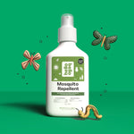 Hello Bello mosquito repellent spray bottle on green background with illustrated butterflies and worm graphics.