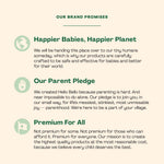 Brand promises graphic from Hello Bello with headings like Happier Babies, Our Parent Pledge and Premium For All on cream background