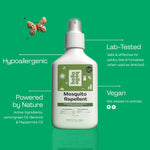 Hello Bello mosquito repellent bottle with infographic callouts: Hypoallergenic, Lab-Tested, Powered by Nature, Vegan.
