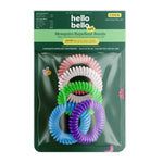 Clear pouch of Hello Bello kids mosquito repellent bands showing five coiled colorful wristbands on green backing