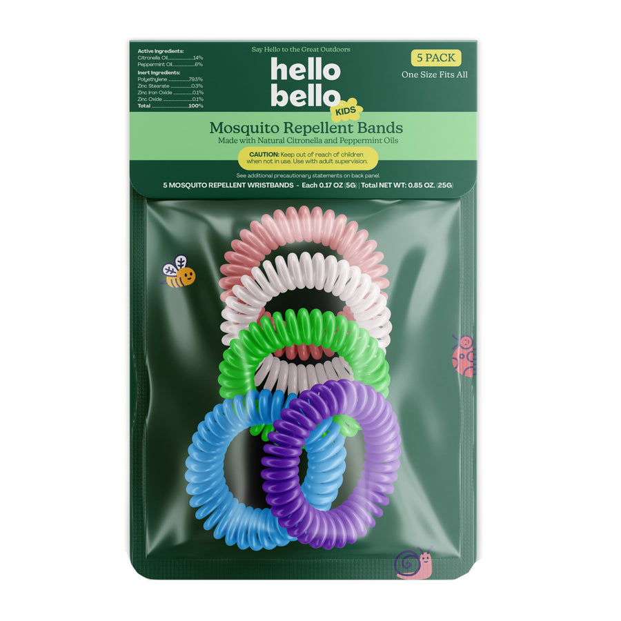 Clear pouch of Hello Bello kids mosquito repellent bands showing five coiled colorful wristbands on green backing