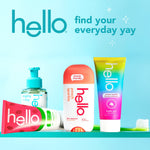 Assorted hello brand products including toothpaste, deodorant and hand soap displayed on a shelf with brand tagline