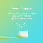 Close-up infographic with a toothbrush head and text describing soft precision tapered bristles on a green-blue gradient
