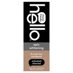 Vertical product-pack shot of Hello epic whitening toothpaste box showing the brand name, product line and activated charcoal callout