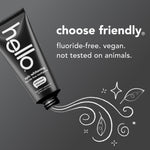 Squeezing-themed graphic of hello epic whitening charcoal toothpaste tube with 'choose friendly' and benefits listed on grey background