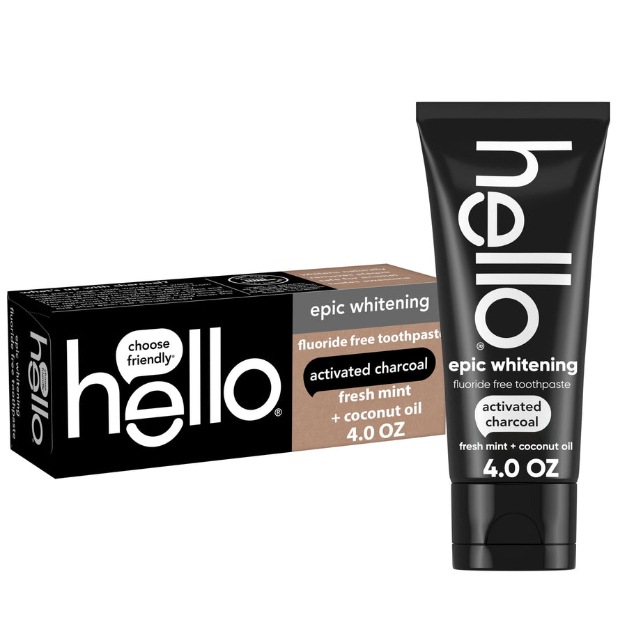 Hello epic whitening activated charcoal toothpaste tube and matching rectangular carton with black and brown packaging