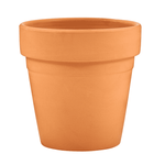 Plain medium terracotta plant pot photographed against a white background, showing the rim and tapered body.