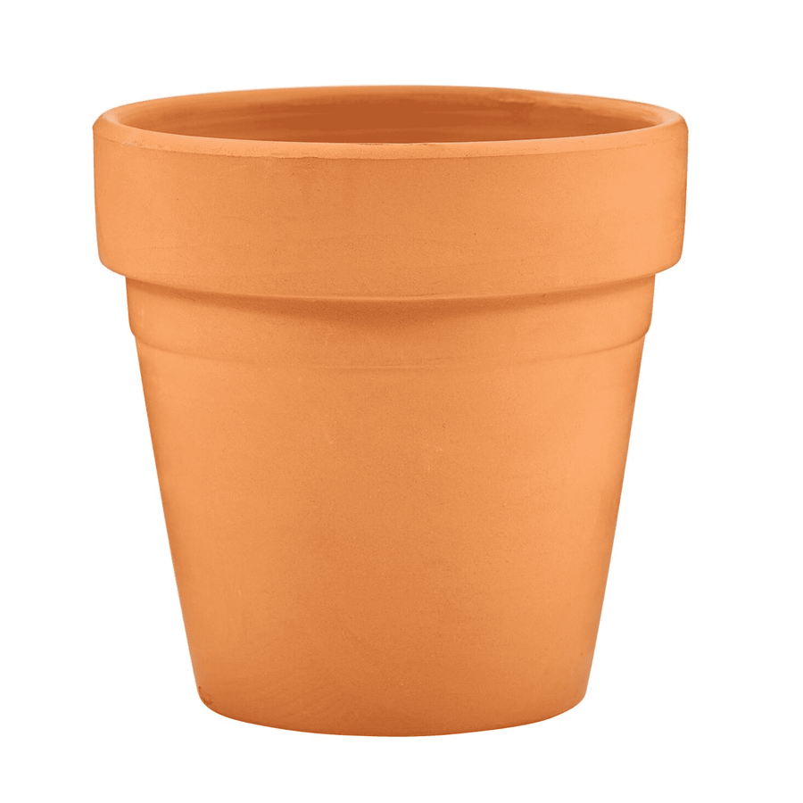 Plain medium terracotta plant pot photographed against a white background, showing the rim and tapered body.