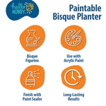Hello Hobby branded infographic panel showing icons and text describing a paintable bisque planter and recommended finish tips