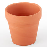 Top-down angled view of a small terracotta clay pot showing interior and rolled rim on white background