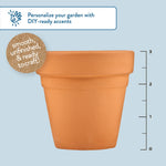 Small terracotta pot centered on light blue background with height scale and circular badge reading smooth, unfinished & ready to craft