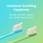 Two toothbrush heads with paste shown on a teal gradient background and copy reminding users to replace brush every 90 days