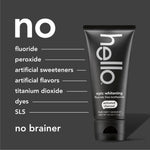 Hello epic whitening black toothpaste tube beside a list of ingredients and a bold "no" column showing items the product excludes
