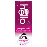 Tall product box for hello Penguin Chill fluoride toothpaste in purple-pink packaging with penguin graphic and 'cherry mint' label.