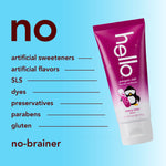 Hello Penguin Chill toothpaste tube beside a 'no' ingredient list graphic on a blue background highlighting excluded additives.