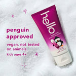 Hello Penguin Chill toothpaste tube placed on a snowy textured background with text declaring 'penguin approved' and product claims.
