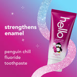 Hello Penguin Chill toothpaste tube on pink-blue gradient with glitter ribbon graphic and text noting it 'strengthens enamel'.
