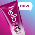 Angled tube of hello Penguin Chill toothpaste on gradient background with 'new' speech bubble and penguin illustration.