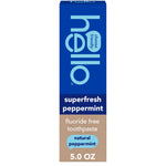 Tall rectangular box for hello superfresh peppermint fluoride-free toothpaste, blue and kraft design
