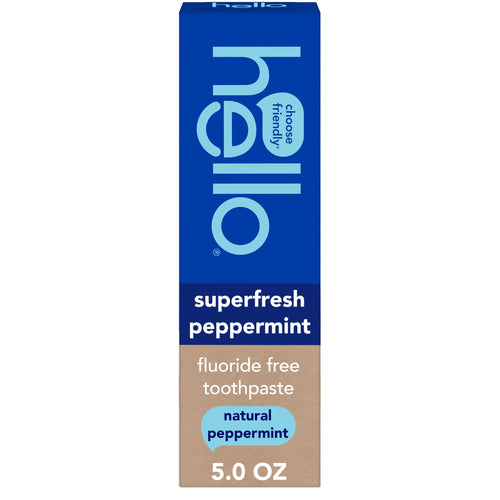 Tall rectangular box for hello superfresh peppermint fluoride-free toothpaste, blue and kraft design