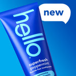Angled blue tube of hello superfresh peppermint toothpaste against a blue gradient background with a 'new' label