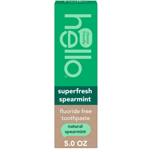 Tall rectangular green and kraft colored box labeled hello superfresh spearmint fluoride free toothpaste.