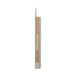 Thin side view of hello toothbrush package showing kraft-colored edge with #brushhappy and a recycling icon