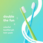 Graphic lifestyle image of crossed green and blue hello toothbrushes on a green-to-blue gradient background with product copy