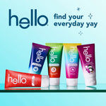 Grouped display of several hello toothpaste flavors including Penguin Chill tube under 'find your everyday yay' branding on light blue background.