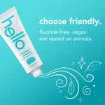 Hello toothpaste tube angled on teal background with text declaring ‘choose friendly’ and product claims.