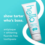 Angled Hello toothpaste tube on teal gradient background with text ‘show tartar who’s boss’ and product claims.
