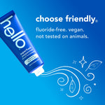 Blue hello toothpaste tube squeezing illustrated minty swirls with text stating 'choose friendly' and product claims