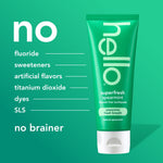 Green hello superfresh spearmint toothpaste tube with a list of items preceded by a large "no" on a green gradient background.