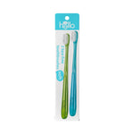 White blister-style package showing two hello soft toothbrushes, one green and one blue, on a white card