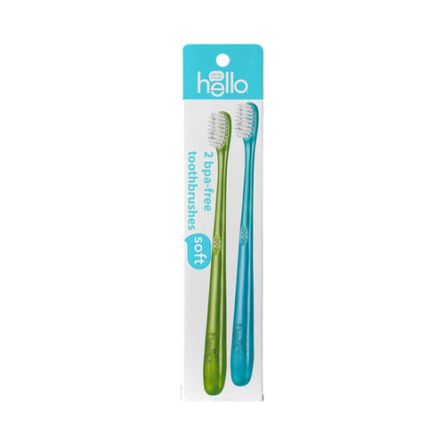 White blister-style package showing two hello soft toothbrushes, one green and one blue, on a white card