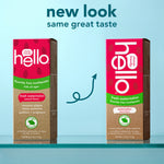 Two Hello fresh watermelon toothpaste cartons on a light blue background with text announcing a new look and an arrow between boxes.